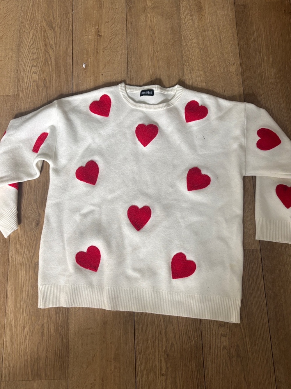 Cream Crewneck Sweater with Red Heart Motif